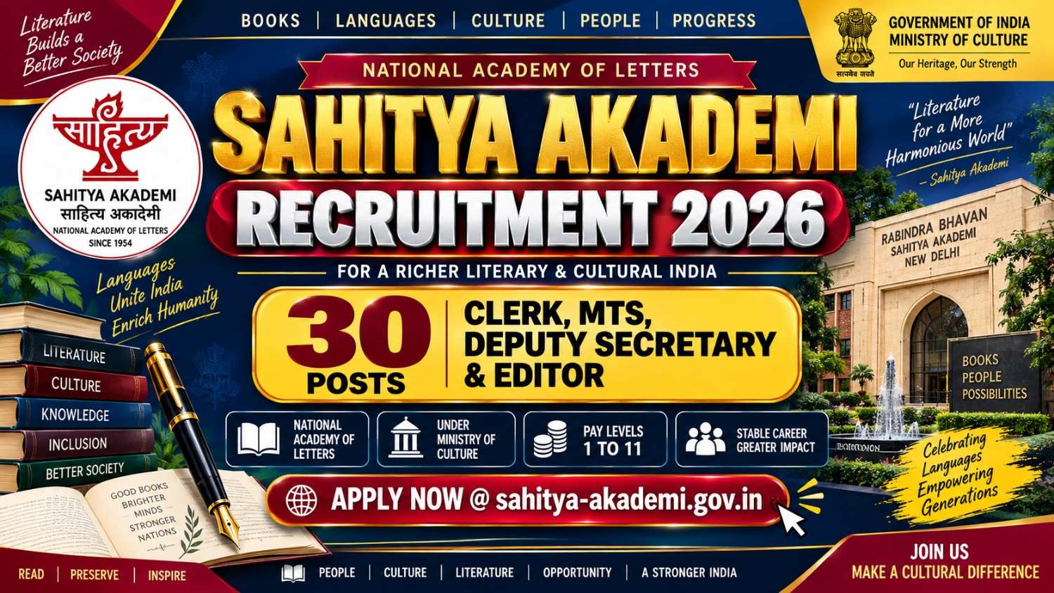 Sahitya Akademi Recruitment 2026: 30 Posts, Apply Now