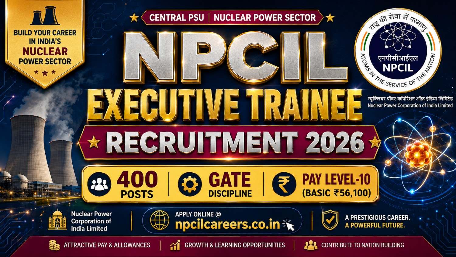 NPCIL Executive Trainee Recruitment 2026: Apply 400 Posts