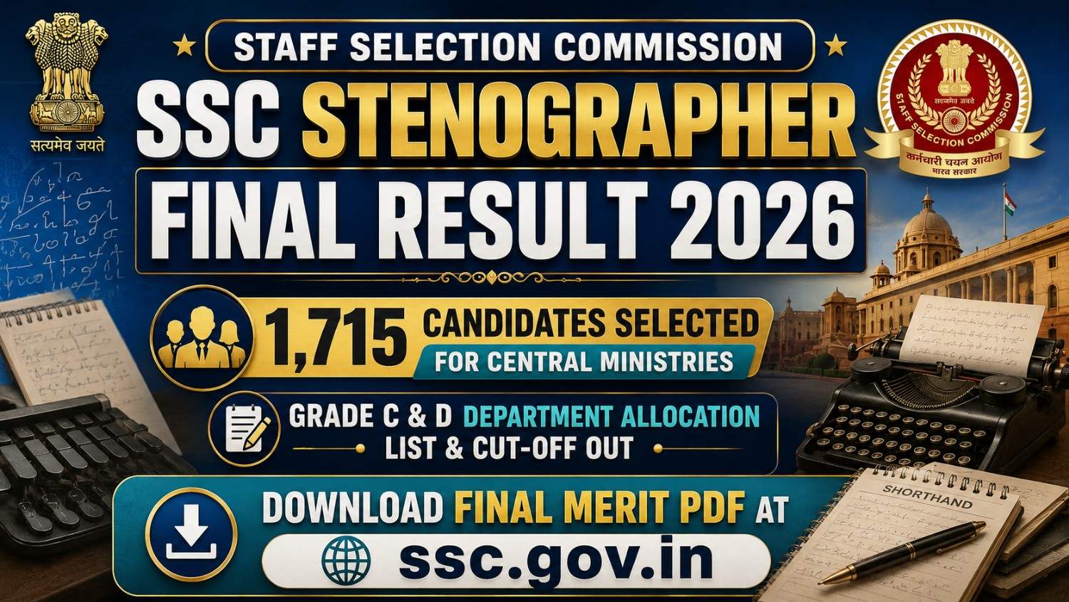 SSC Stenographer Final Result 2026 Declared - 1715 Posts