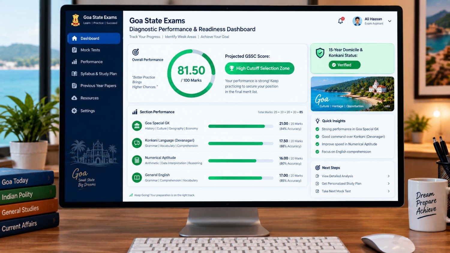 Goa Mock Test 2027 diagnostic performance dashboard showing projected GSSC score, Goa Special GK, Konkani language, numerical aptitude and English performance