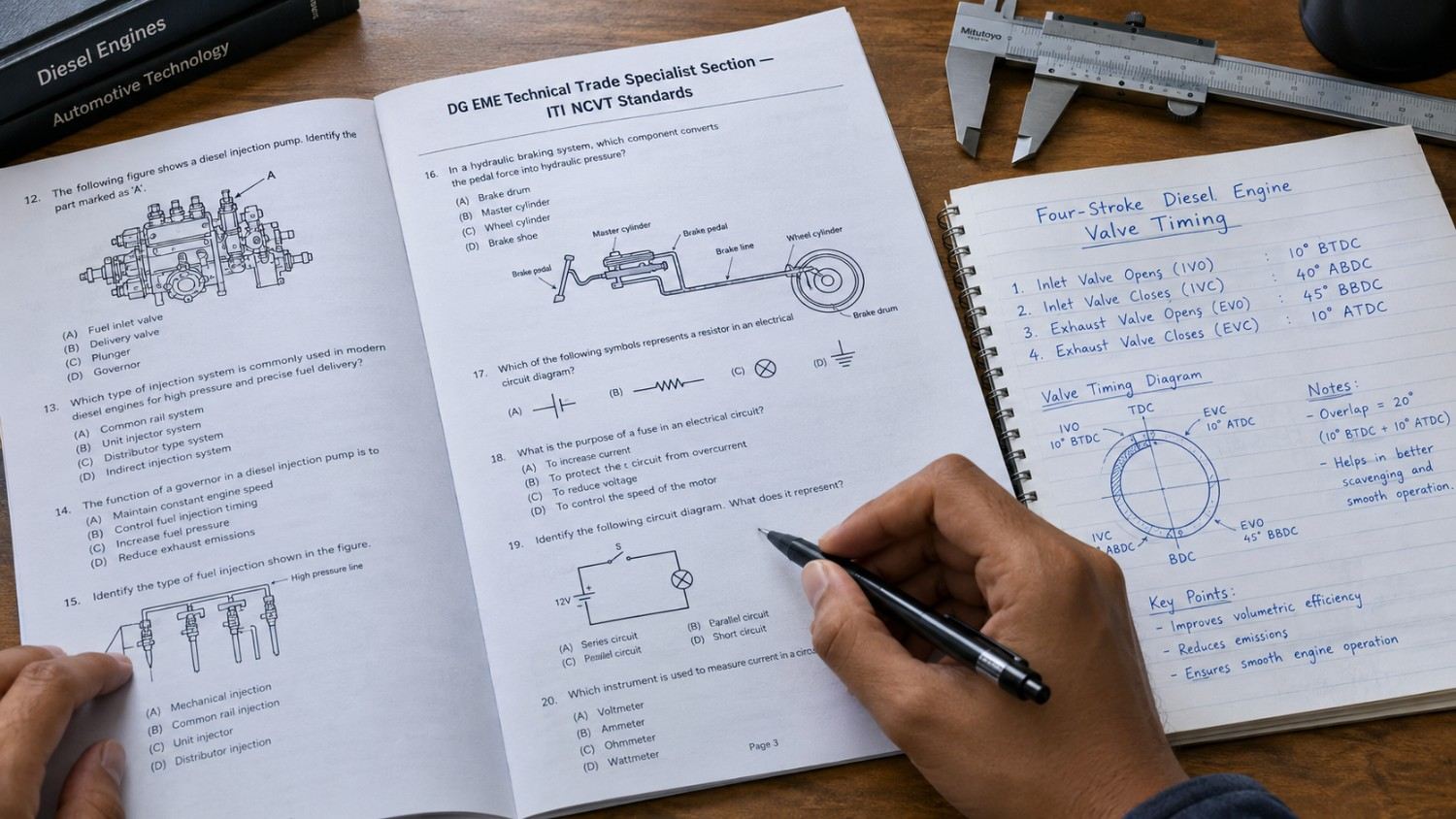 Examinee hands holding a black pen over a DG EME technical trade question booklet, with diesel injection, hydraulic braking, and electrical diagrams, alongside handwritten four-stroke diesel engine valve timing notes and a vernier caliper on a wooden workshop desk.