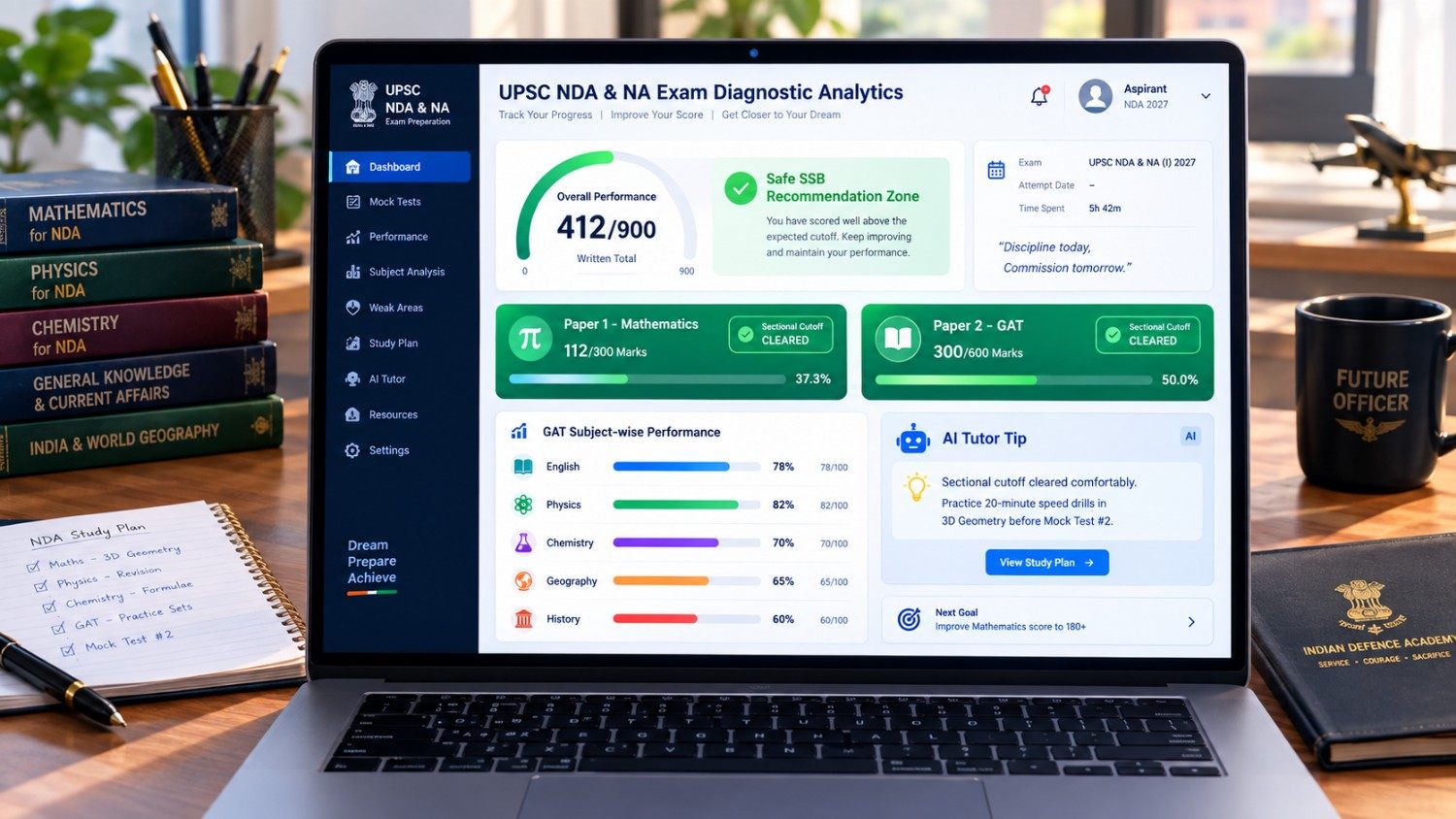 NDA mock test 2027 practice interface showing category accuracy heatmap and time tracking