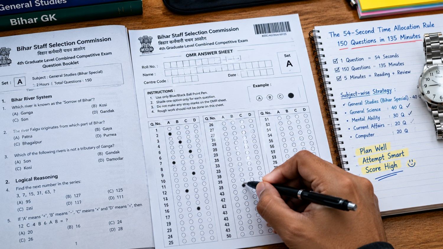 BSSC CGL 4 OMR answer sheet with exam booklet, pen and time management notes