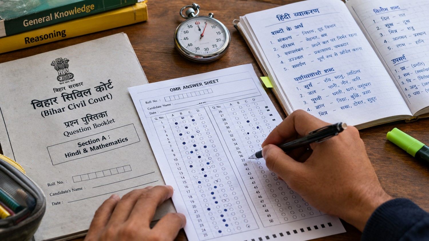 Indian student filling an OMR answer sheet with a black pen during exam practice