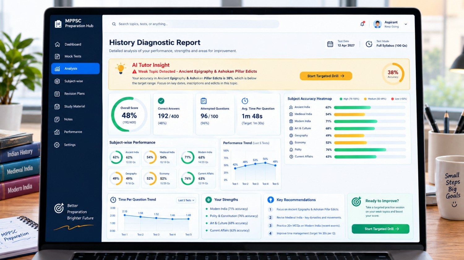 History diagnostic report dashboard with AI tutor insights and subject accuracy analysis