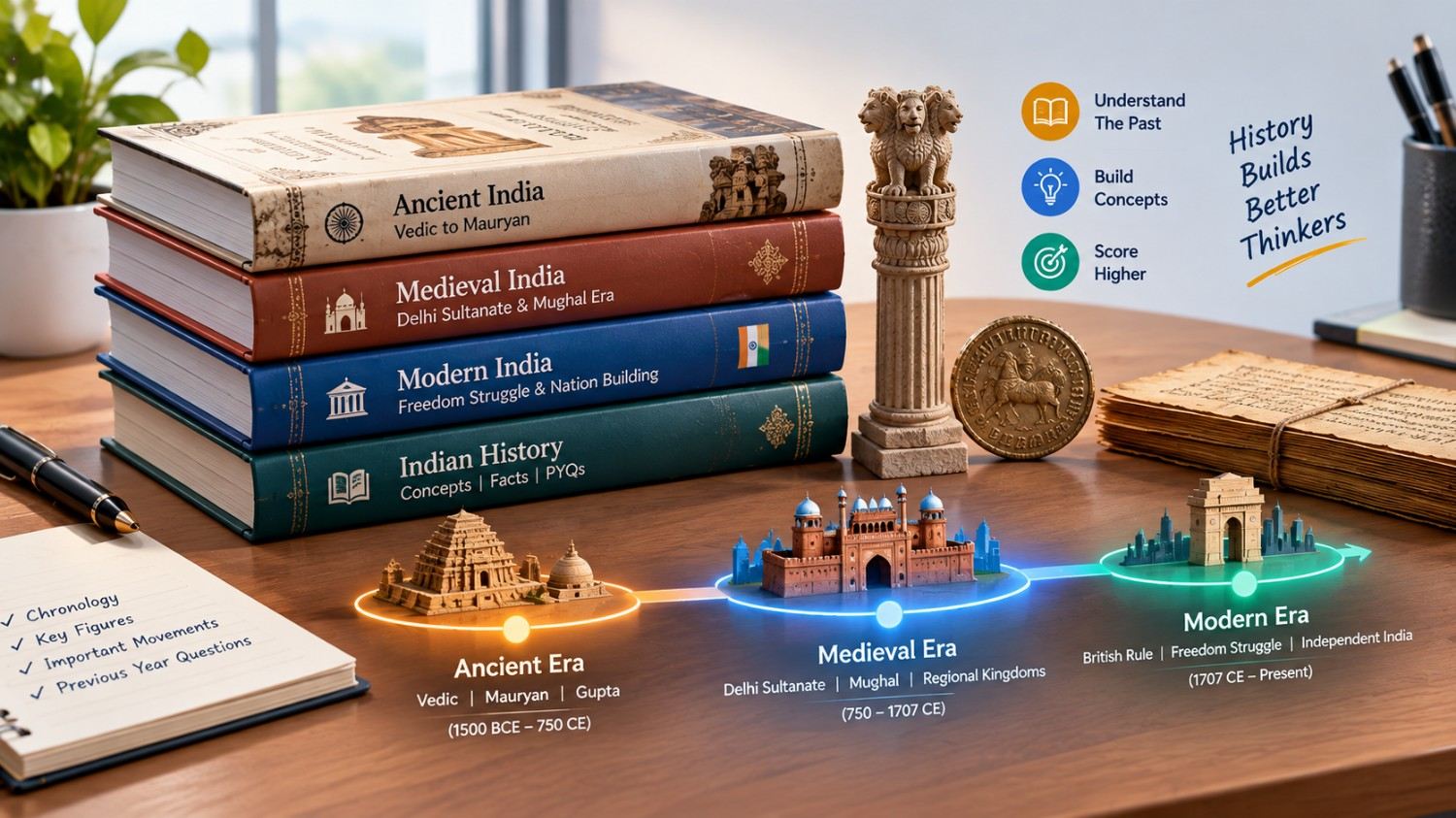 Indian history study infographic showing ancient medieval and modern eras with historical artifacts