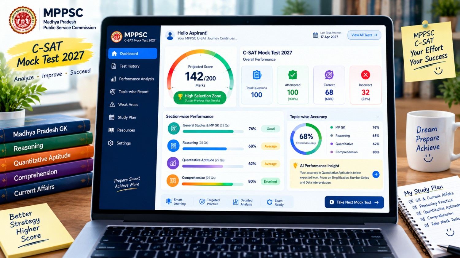 MPPSC CSAT mock test 2027 practice interface showing category accuracy heatmap and time tracking