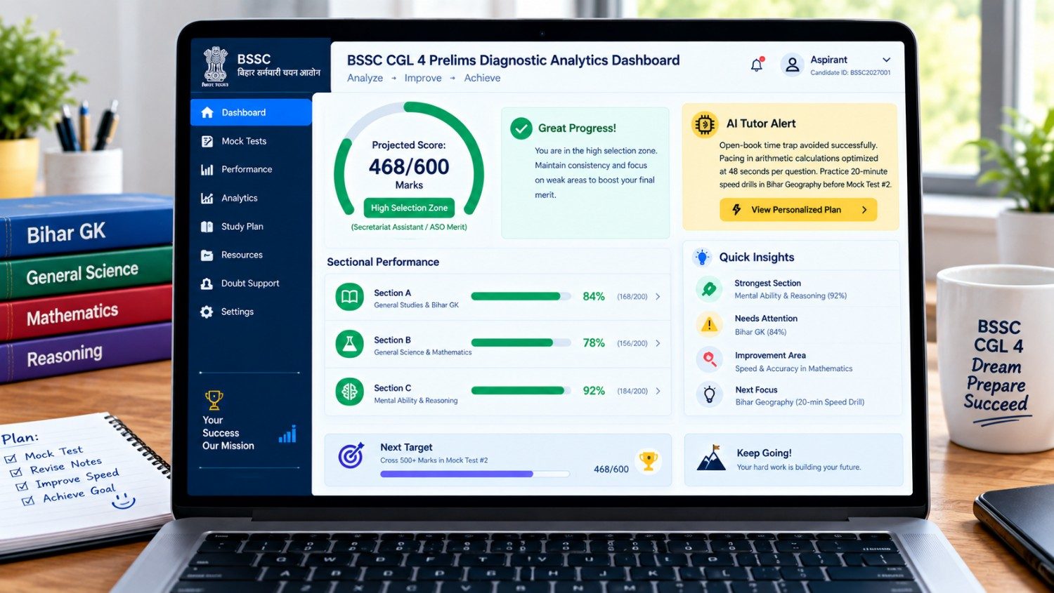 BSSC CGL 4 mock test 2027 practice interface showing category accuracy heatmap and time tracking