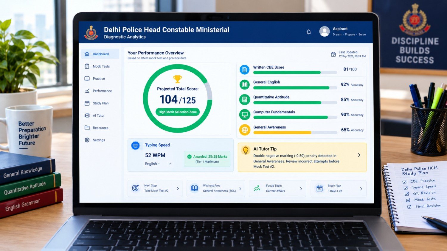Delhi Police Head Constable Ministerial mock test 2027 practice interface showing category accuracy heatmap and time tracking
