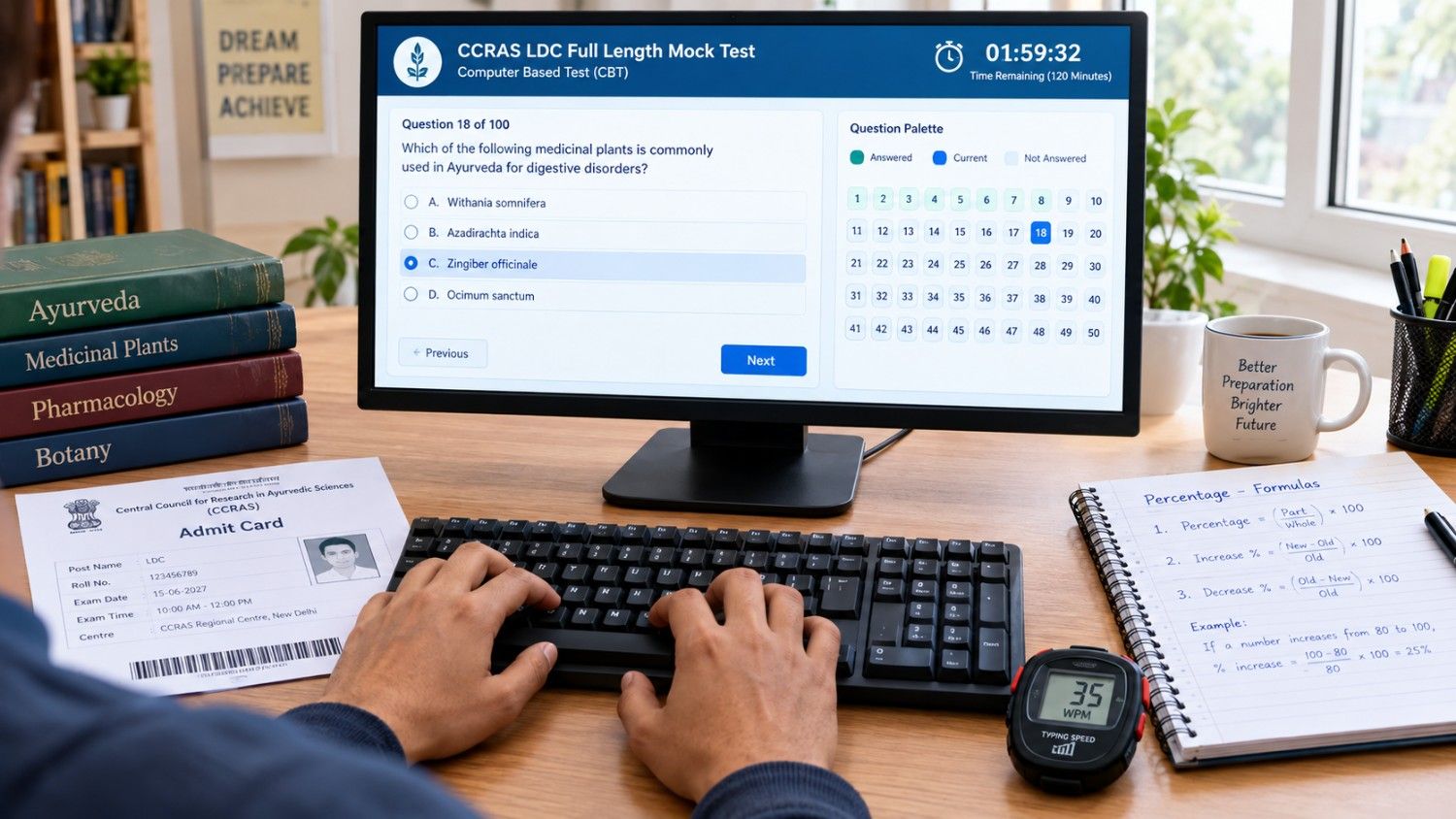 CCRAS LDC full-length mock test CBT screen with countdown timer, keyboard typing practice, admit card, formulas, and 35 WPM speed tracker.