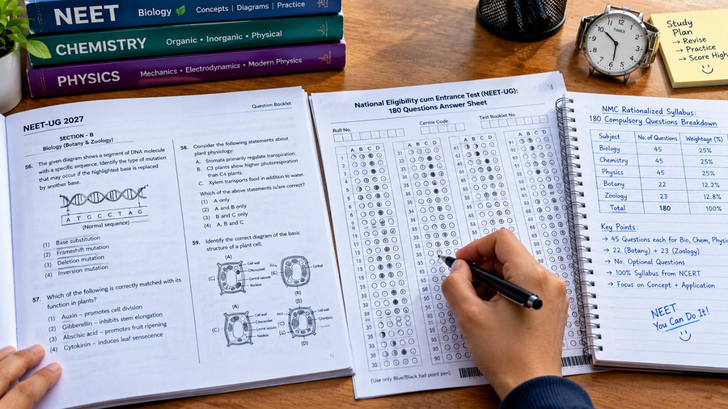 NEET UG exam preparation with OMR sheet and medical study materials