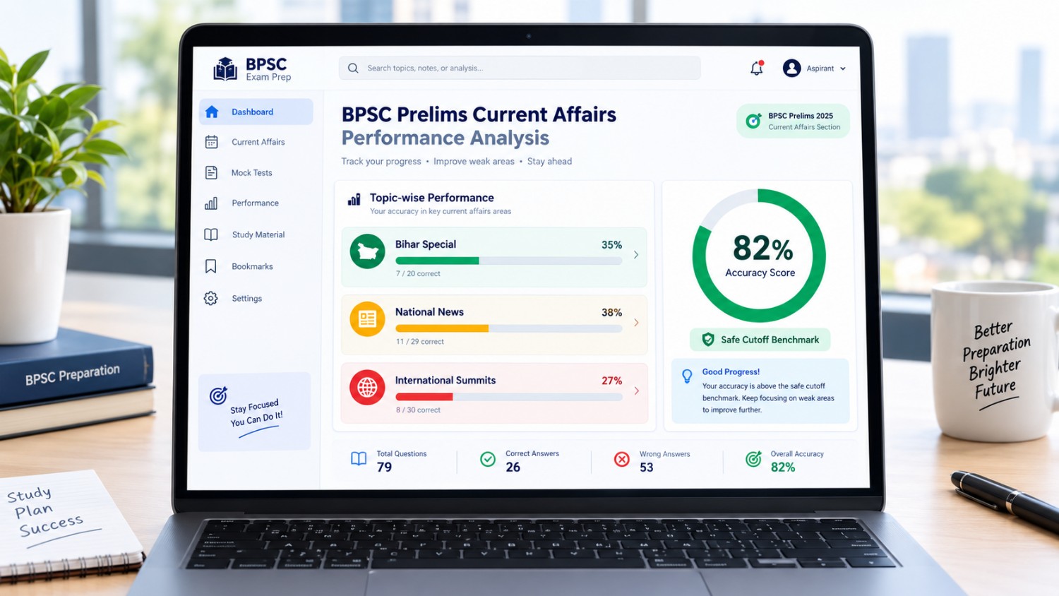 BPSC Current Affairs mock test 2027 practice interface showing category accuracy heatmap and negative marking tracking