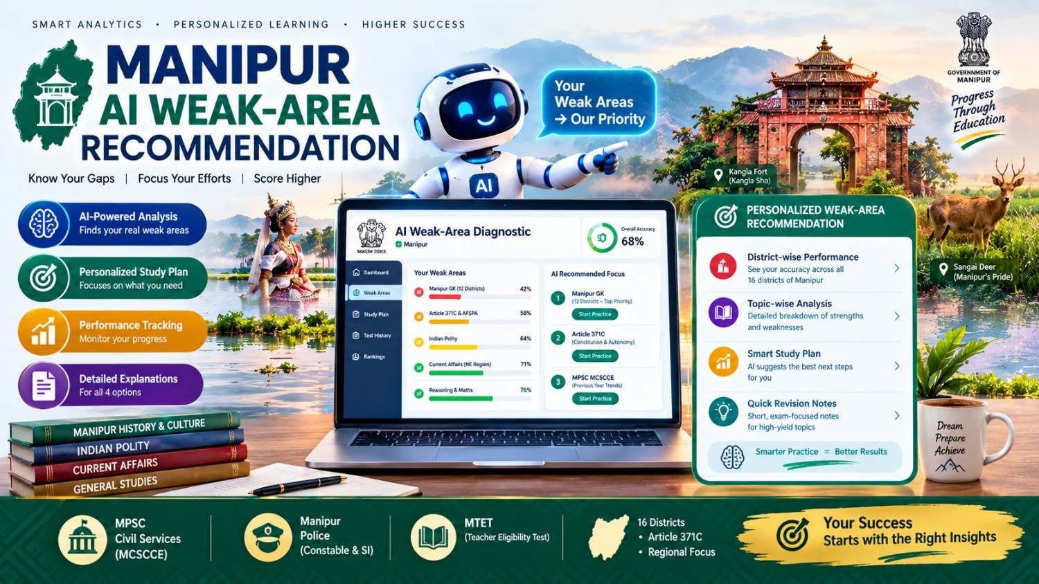Manipur Mock Test 2027 AI dashboard showing weak areas and personalized study recommendations