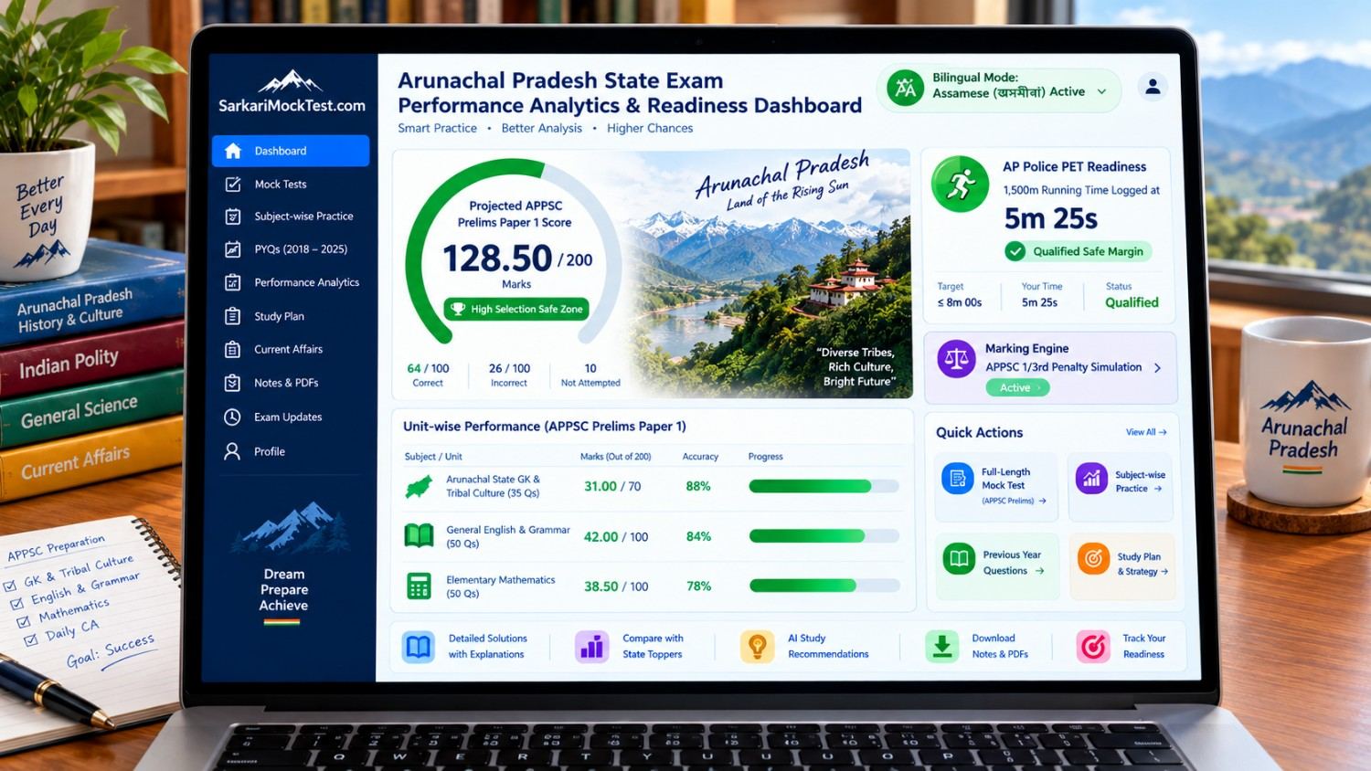 Arunachal Pradesh State Exam performance analytics dashboard showing APPSC score, subject progress and exam readiness