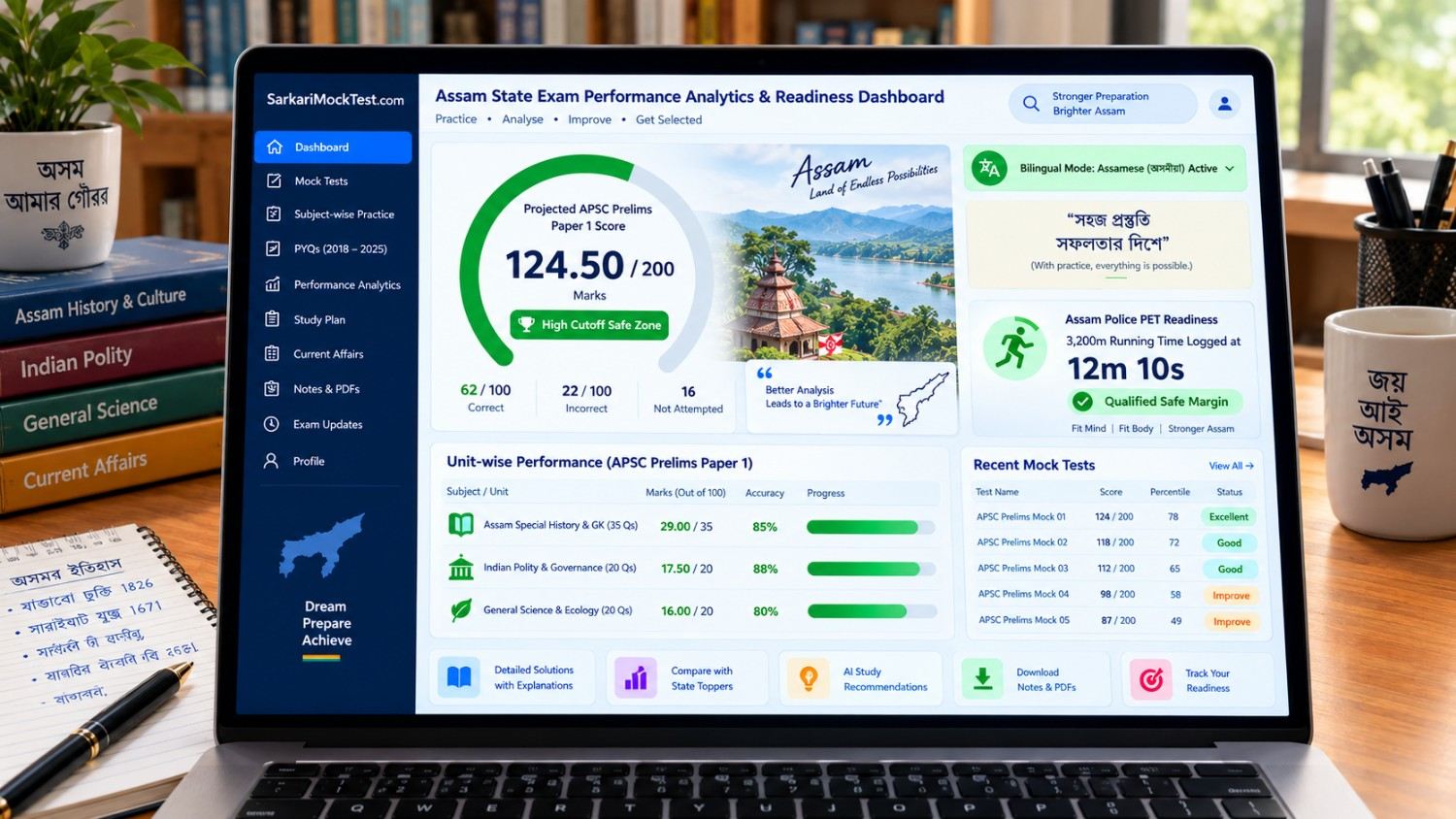 Assam State Exam performance analytics dashboard showing APSC score, subject accuracy and exam readiness