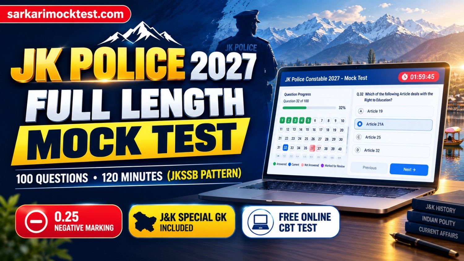 JK Police Full Length Mock Test 2027: Free 100 Qs CBT Sets
